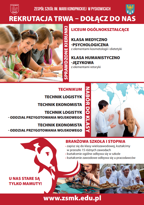 plakat informujący o kierunkach kształcenia: liceum ogólnokształcące, technikum, branżowa szkoła I stopnia