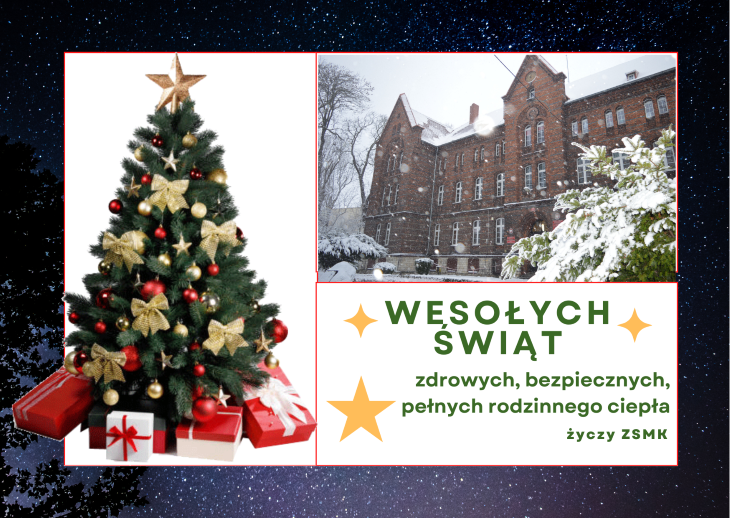 Kartka z zimowym zdjęciem szkoły i życzeniami zdrowych, bezpiecznych, pełnych rodzinnego ciepła, wesołych świąt.